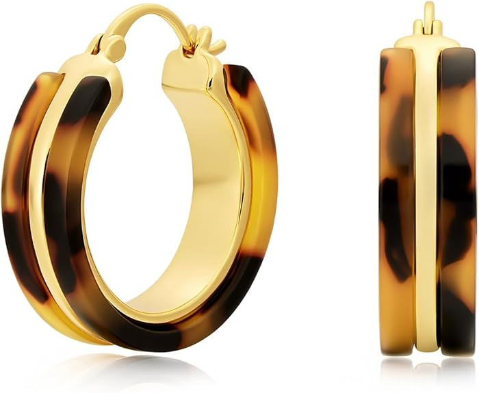 Chunky Hoop Earrings for Women 18K Gold Plated Tortoise Shell Leopard Resin Hoops, 925 Sterling S... | Amazon (US)