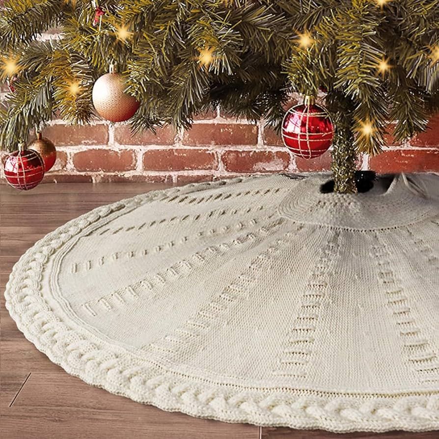 LimBridge Knitted Christmas Tree Skirt: 48 Inches Cream White Tree Skirt, Braided Cable Knit Thic... | Amazon (US)