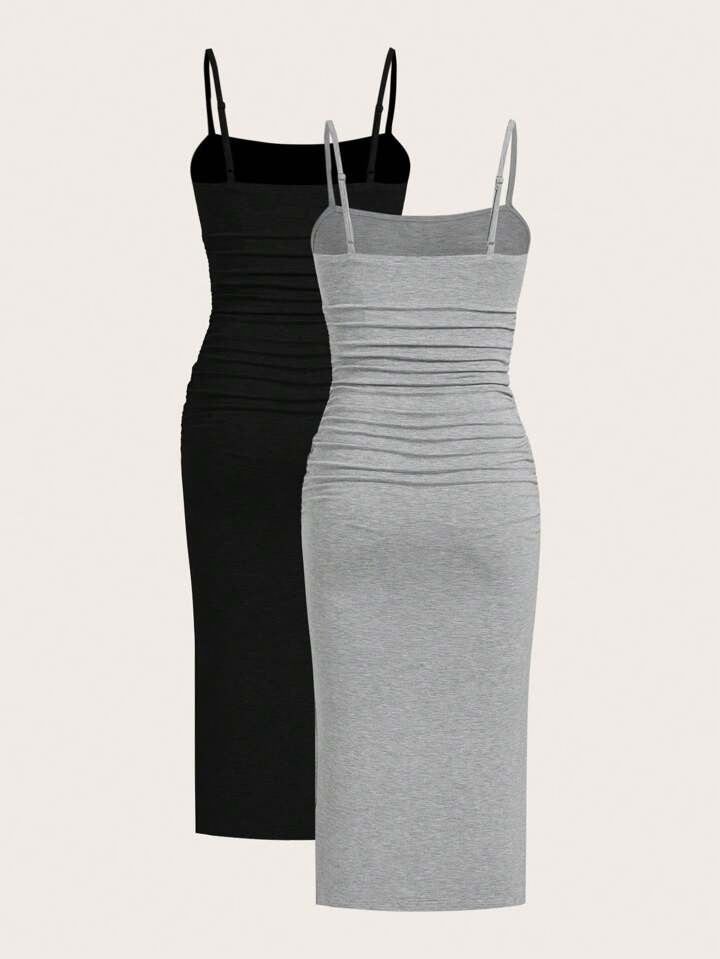 SHEIN EZwear 2pcs/Set Women's Summer Knit Fitted Slip Dress | SHEIN