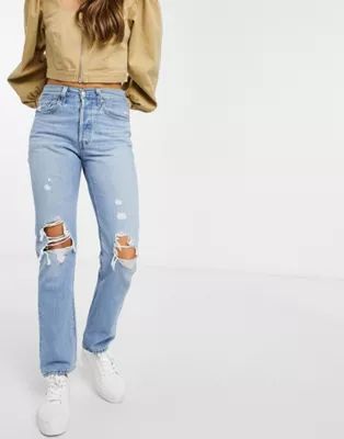 Levi's 501 crop jeans with knee rips in mid wash blue | ASOS (Global)