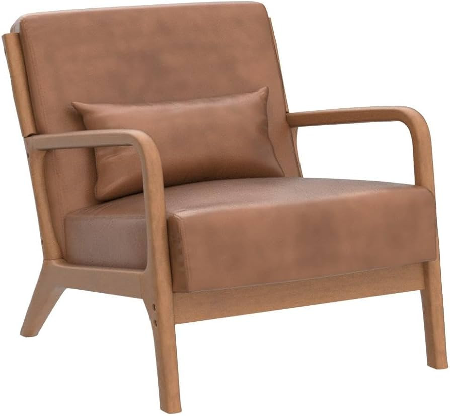 INZOY Mid Century Modern Accent Chair with Wood Frame, PU Leather Reading Armchair with Waist Cus... | Amazon (US)