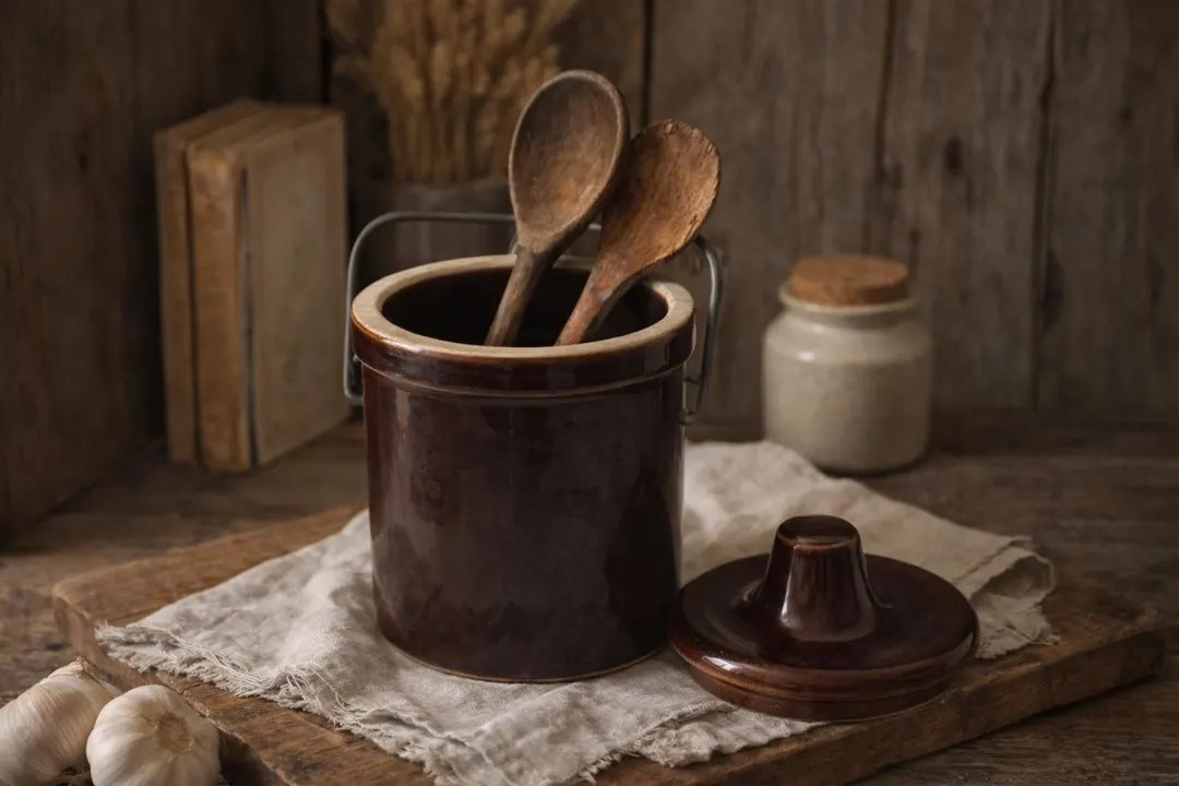 Vintage Brown Stoneware Crock With Lid and Metal Handle | Rustic Farmhouse Kitchen Decor | Primit... | Etsy (US)