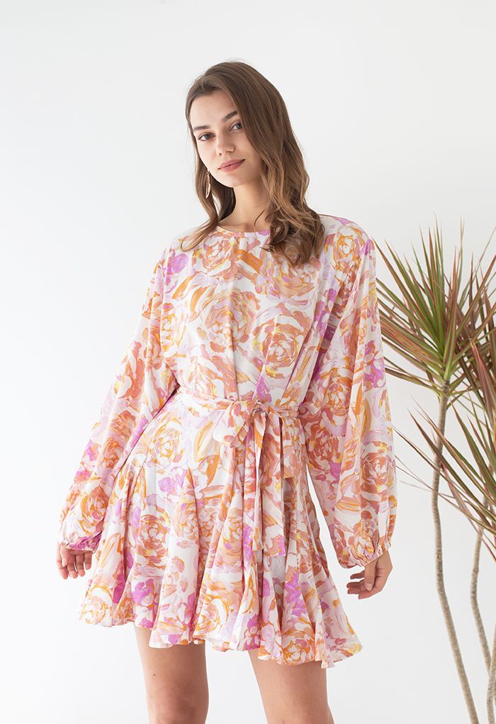 Rose Painting Bubble Sleeves Frilling Dress | Chicwish