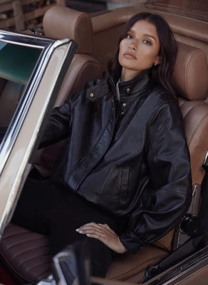 Brown Leather Ultimate Funnel Neck Bomber Jacket | Mint Velvet