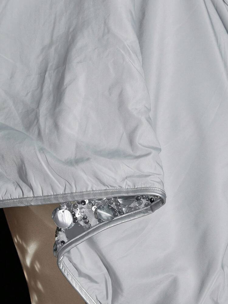 SHEIN ICON Plus Size Shiny Silver Sequin Round Neck Versatile Short Jacket, Party Wear In Fall/Wi... | SHEIN