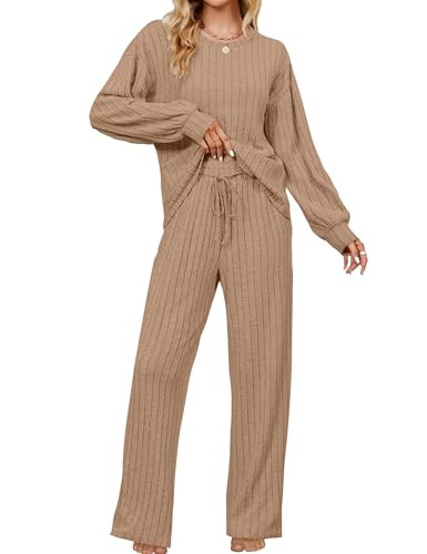 Blooming Jelly Womens Cute 2 Piece Pajama Sets Matching Ribbed Wide Leg Pj Sets Flannel Fall Outfits (XS, Khaki) | Amazon (US)