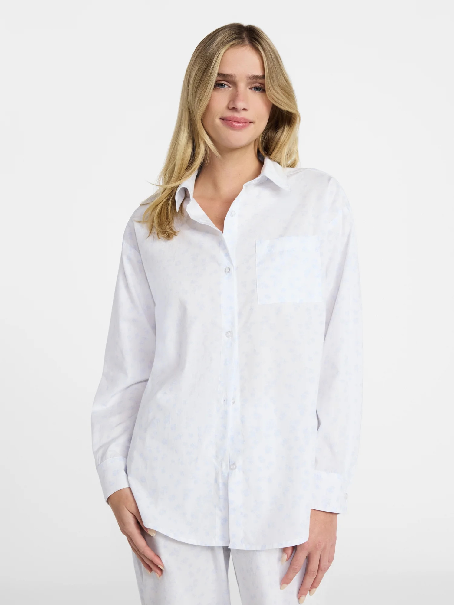 No Boundaries Sleepwear Woven Cotton Button-Down Shirt, Women's XS-XXL | Walmart (US)