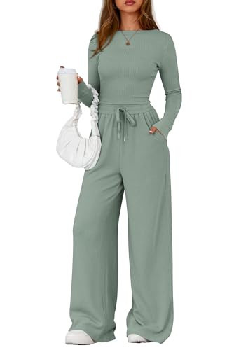 PRETTYGARDEN Matching Sets Women Clothing 2026 Fall Fashion Travel 2 Piece Lounge Sets Long Sleeve Crop Top Wide Leg Pants (Green,X-Large) | Amazon (US)
