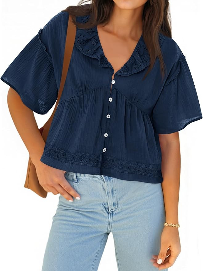 Cicy Bell Womens Cropped Babydoll Tops Summer Eyelet V Neck Short Sleeve Cute Blouses Ruffle Shir... | Amazon (US)