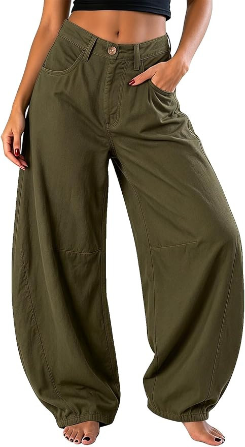 EXLURA Womens Faux Linen Barrel Pants Baggy Wide Leg Palazzo Pant Summer Cotton Lightweight Elast... | Amazon (US)