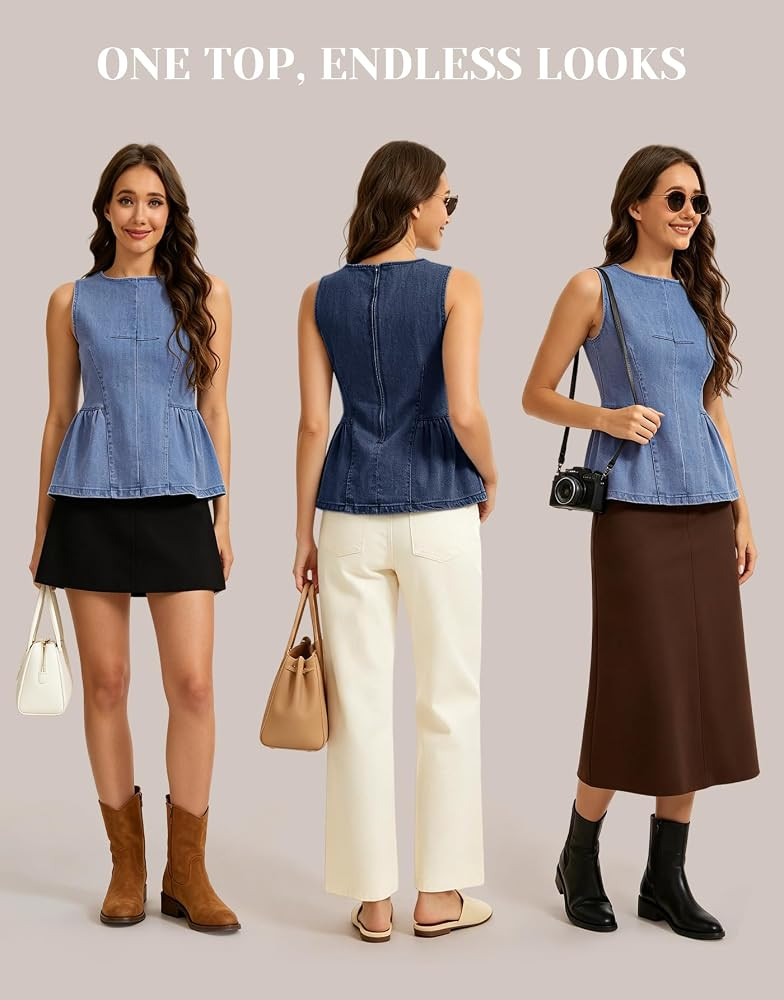 Womens Denim Tank Top Sleeveless Denim Peplum Top with Back Zipper | Amazon (US)