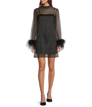 Antonio Melani Olive Long Sleeve Feather Trim Mock Neckline Organza Dress | Dillard's | Dillard's