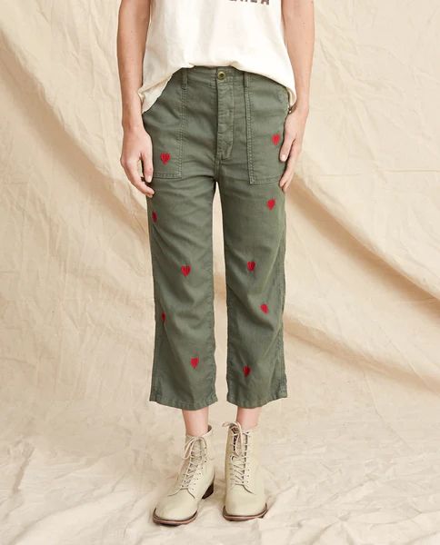 The Straight Leg Army Pant. -- Moss Army With Red Hearts | THE GREAT.