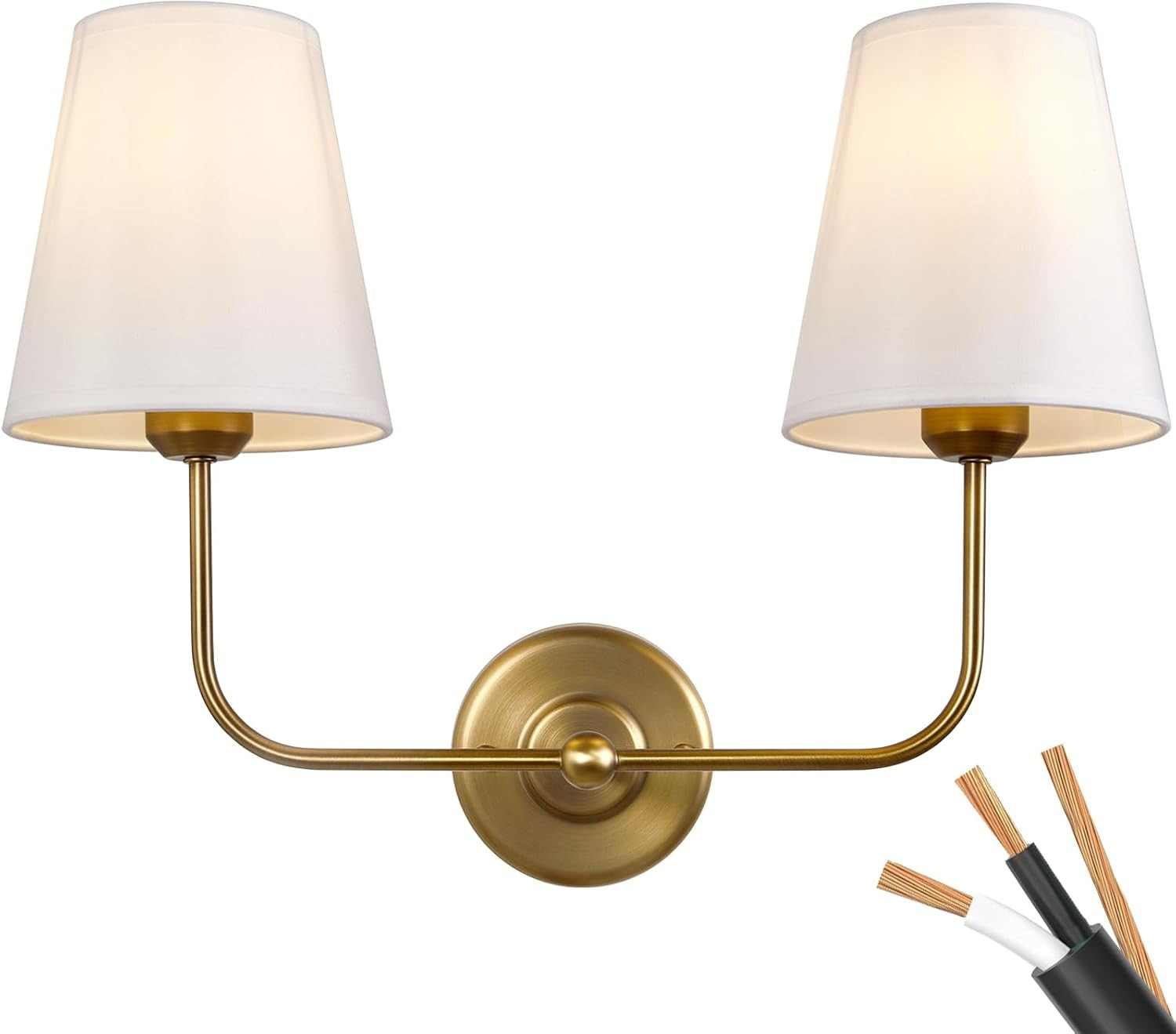 PASSICA DECOR Hardwired 2 Light Modern Armed Wall Sconce with 2pcs Antique Brass Flared White Fabric Shade Double Gold Sconce for Bathroom Vanity Living Room Hallway Stairway Fireplace Farmhouse | Amazon (US)