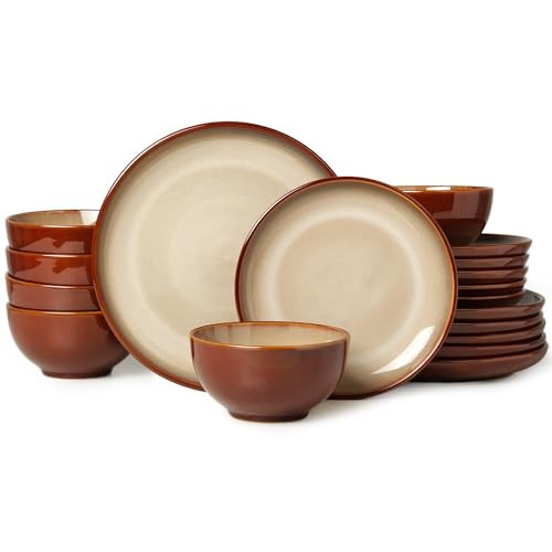 Pokini Ceramic Dinnerware Sets for 6, 18 Pieces Stoneware Plates and Bowls Sets, Chip and Crack Resistant Dishes, Dishwasher & Microwave Safe Dishware Sets, Brown Yellow | Amazon (US)
