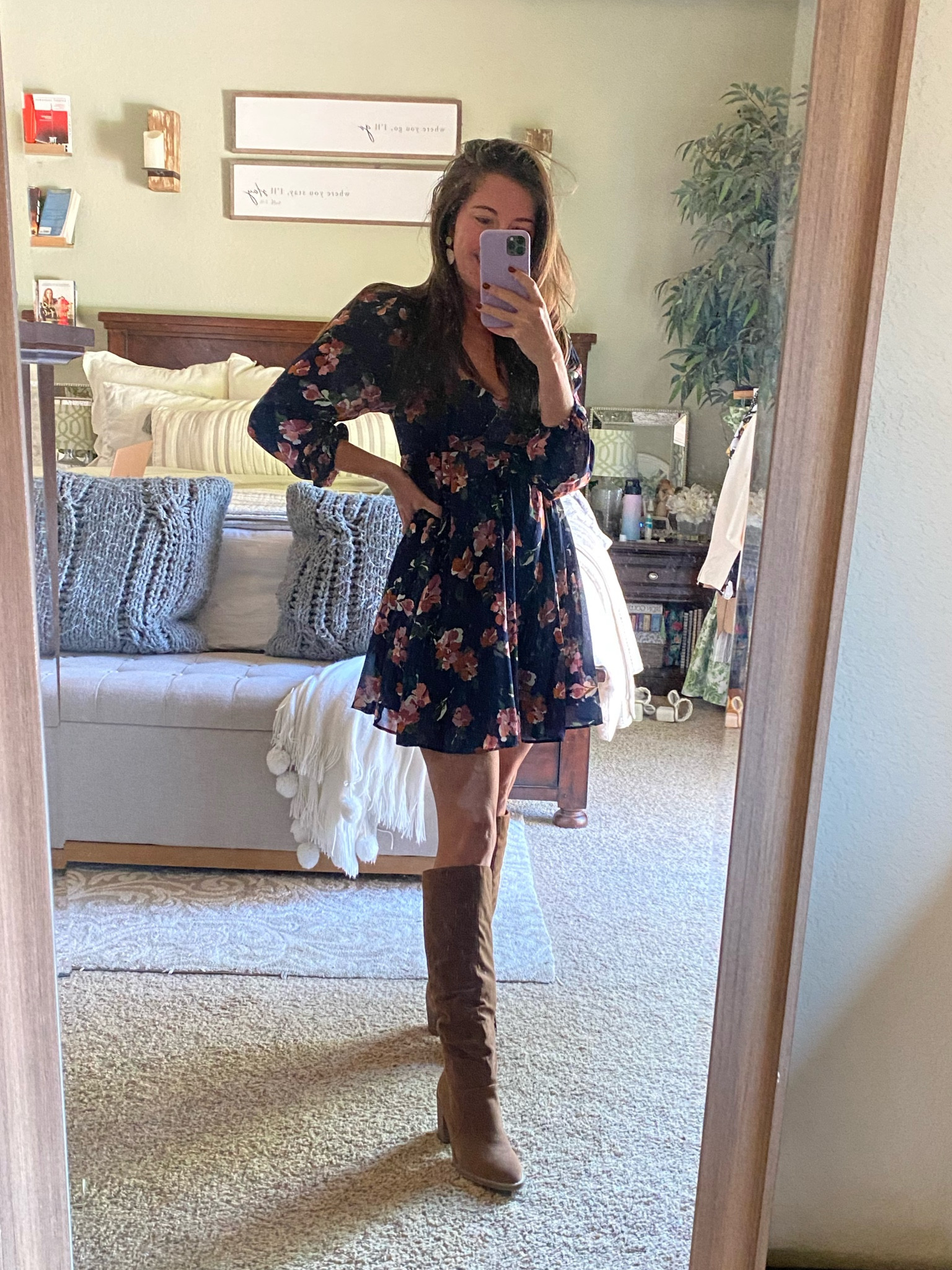Blue floral dress on sale with brown suede boots, fall outfit inspiration 

#LTKshoecrush #LTKunder100 #LTKsalealert
