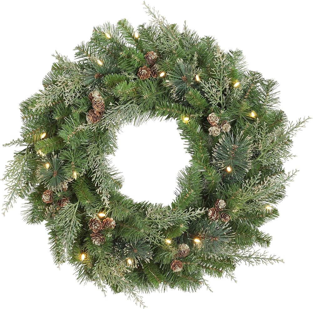 Haute Decor 24 Inch Bergen Pine Wreath with Gold Accents and Soft White LED Lights on Auto Timer ... | Amazon (US)