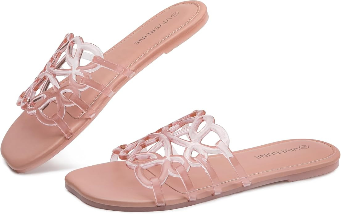 Womens Jelly Flat Sandals - Clear Hollow Slip On Slippers with Open Toe - Breathable Fashion Beac... | Amazon (US)
