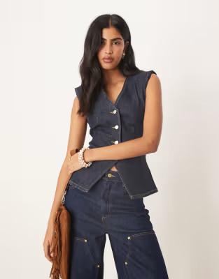 ASOS DESIGN cinched waist denim vest with shoulder pads in rinse wash | ASOS | ASOS (Global)