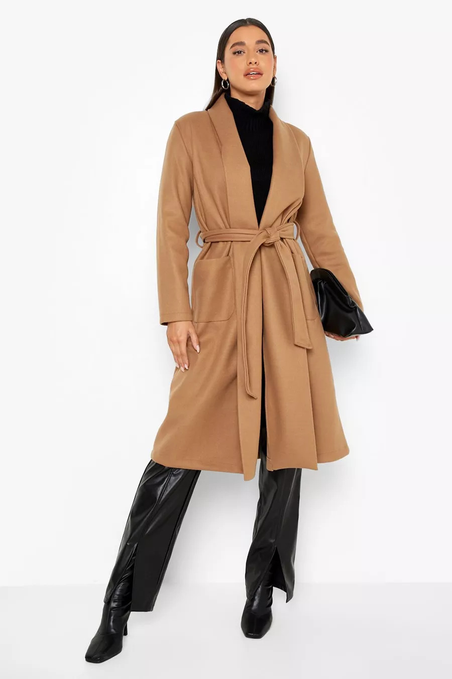 Self Belted Wool Look Longline Jacket | Boohoo.com (US & CA)