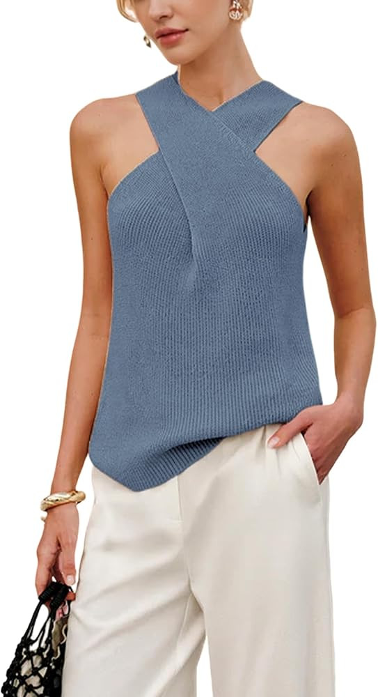 Yeokou Women Halter Cross Over Collar Tank Knit Sleeveless Top Solid Color Casual Summer Blouse | Amazon (US)