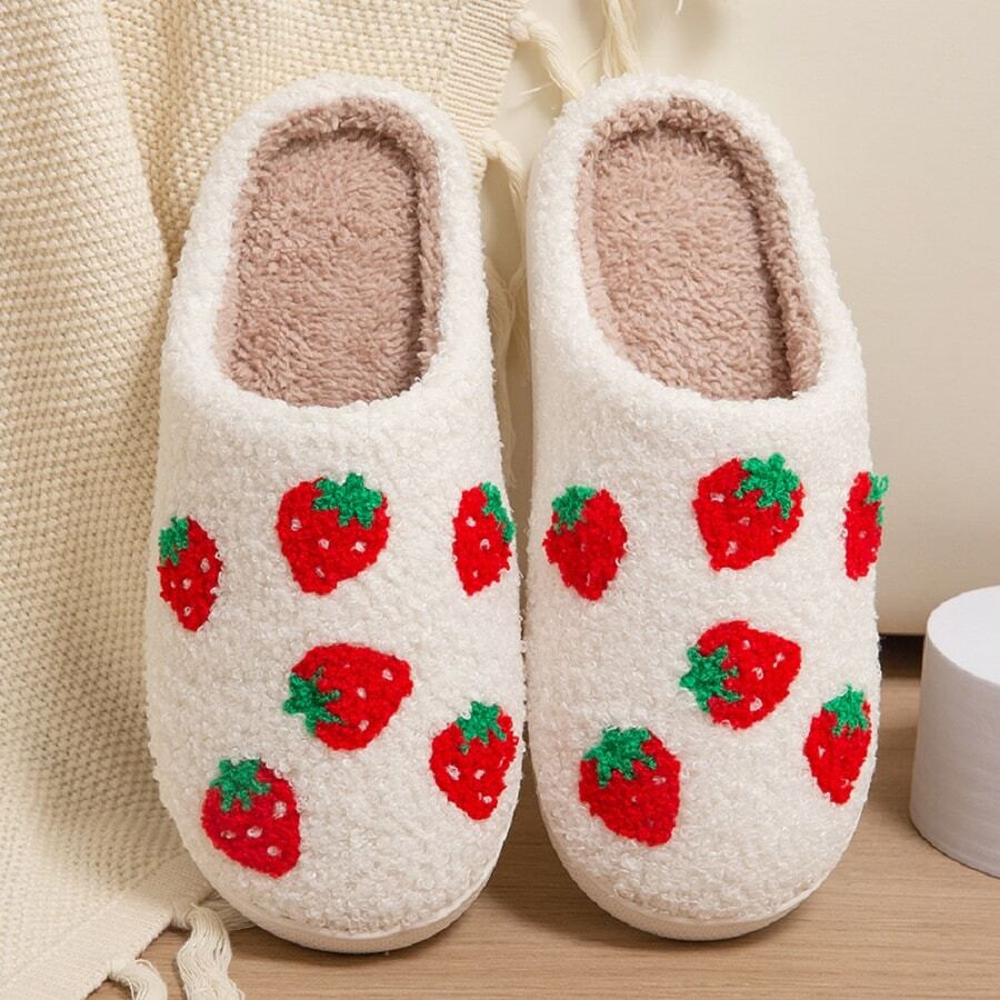 Women's Casual Round Toe Faux Suede Home Slippers With Embroidered Strawberry, Fashionable Autumn... | SHEIN
