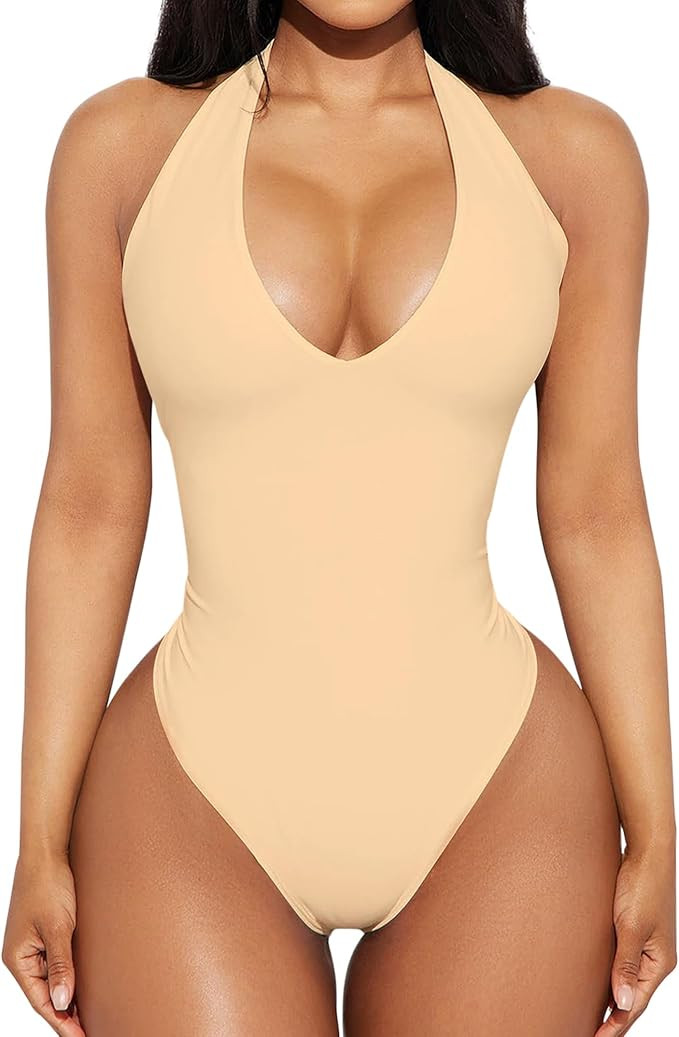 Women's Sexy Halter V Neck Bodysuit Tops Backless Leotard Sleeveless Jumpsuits | Amazon (US)