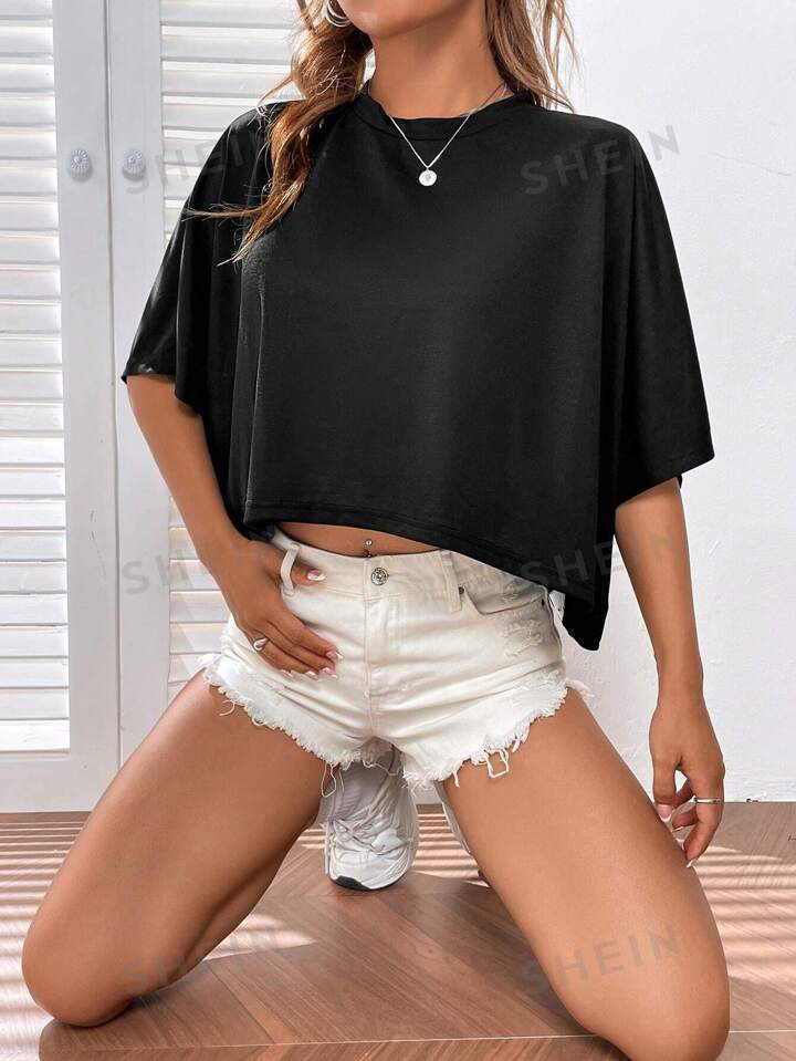 SHEIN EZwear Solid Batwing Sleeve Crop Tee | SHEIN