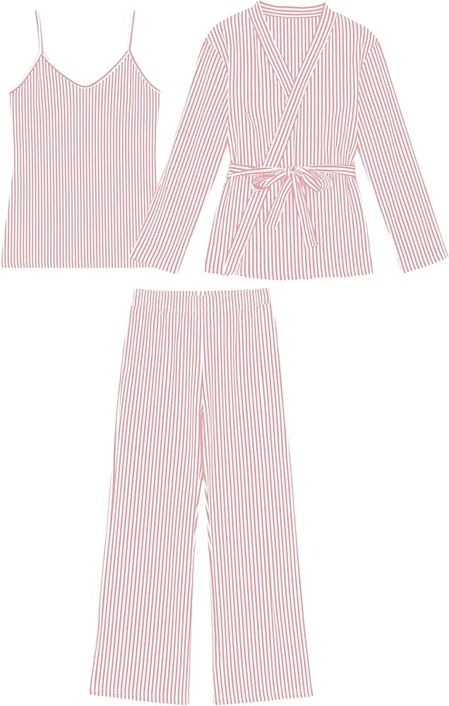 Tanming Womens Pjs Sets 3 Piece Lounge Sets Striped Wrap Top Camisole Wide Leg Pants Cute Soft Pa... | Amazon (US)