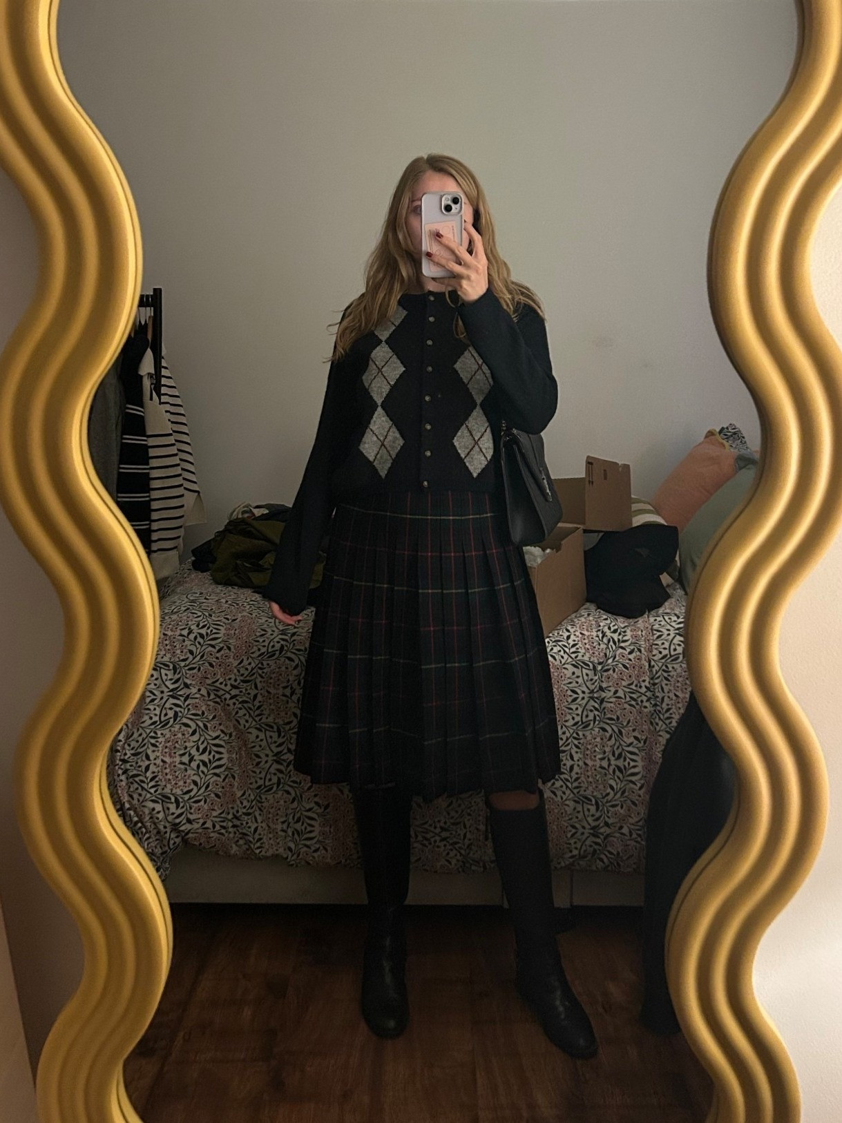 Autumn outfit, tartan skirt, vintage wool pleated skirt, argyle cardigan, H&M, ZARA, Black knee high boots
 

 

#LTKuk #LTKautumn #LTKwinter