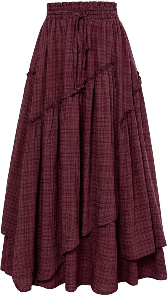 Women Plaid Skirt High Waist A Line Tiered Long Skirt with Pockets | Amazon (US)