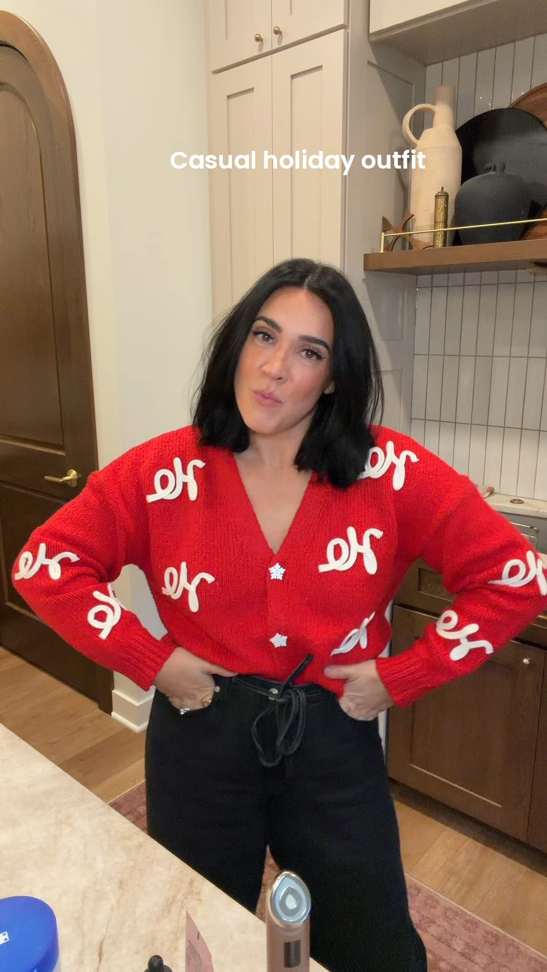 Cutie little cropped Christmas / holiday cardigan! I did a size L but would do XL! Selling out fast. Jeans size 10, so soft and drapey. 

#LTKMidsize #LTKCyberWeek #LTKHoliday