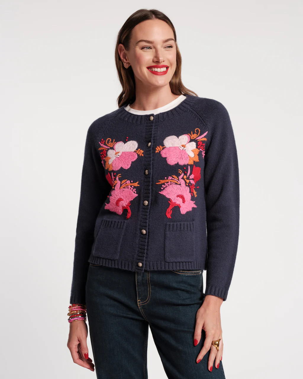 Wool Tulip Bouquet Cardigan - Navy | Frances Valentine