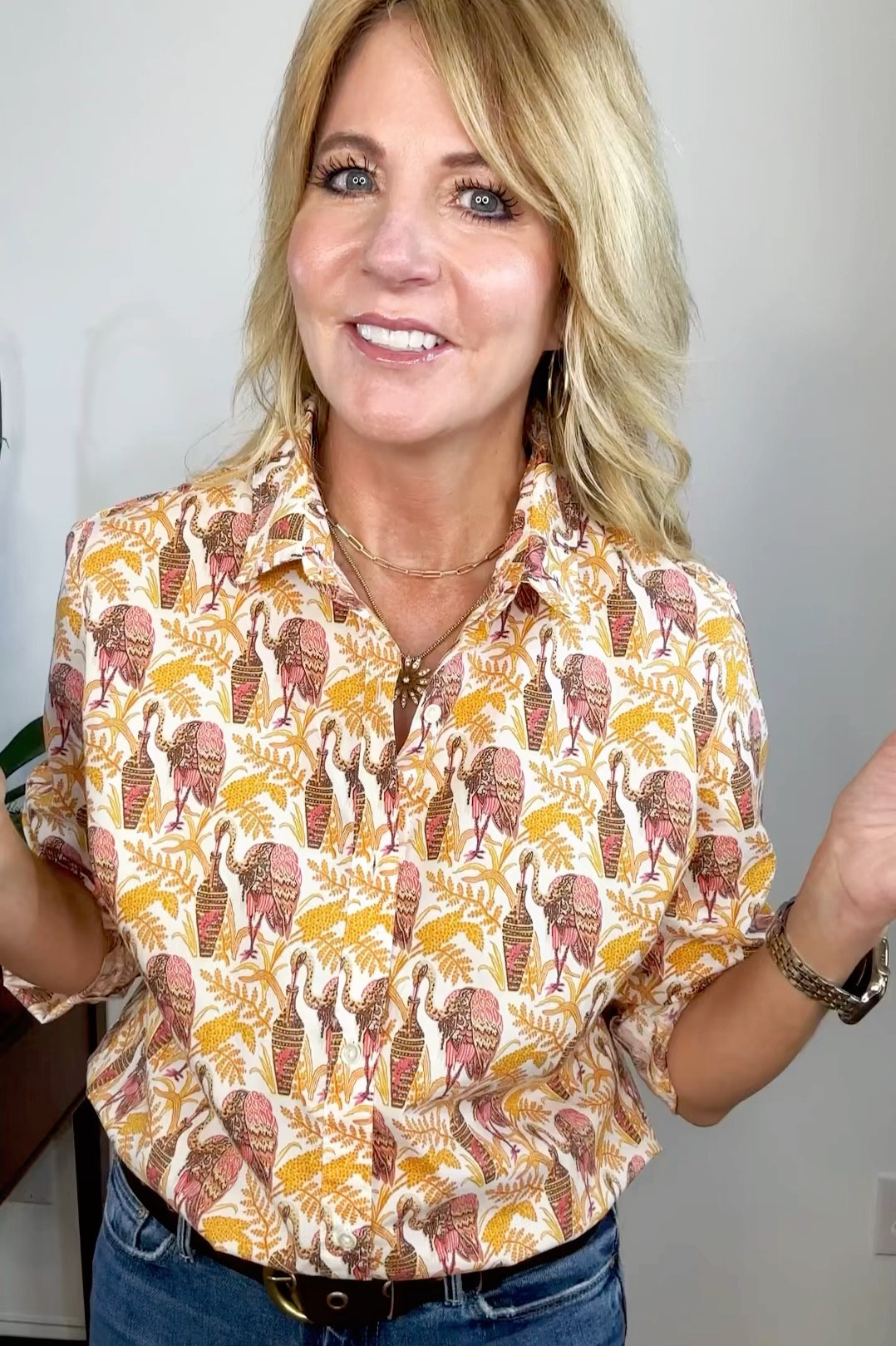 This little tool is helpful in so many ways!  Besides stitching where you want a button to go, it can also stitch down a collar, hold a sleeve in place, fix a top that’s too low cut, etc. etc. 

My adorable top (it has birds on it 😊) is by J. McLaughlin. I sized up one size for an oversized fit. I love the color combo of orange, pink & brown. 

My belt is by Frye & it’s on sale for $20!

Jeans are Mother flares. I’m linking a very similar pair  

#LTKVideo #LTKOver40 #LTKStyleTip