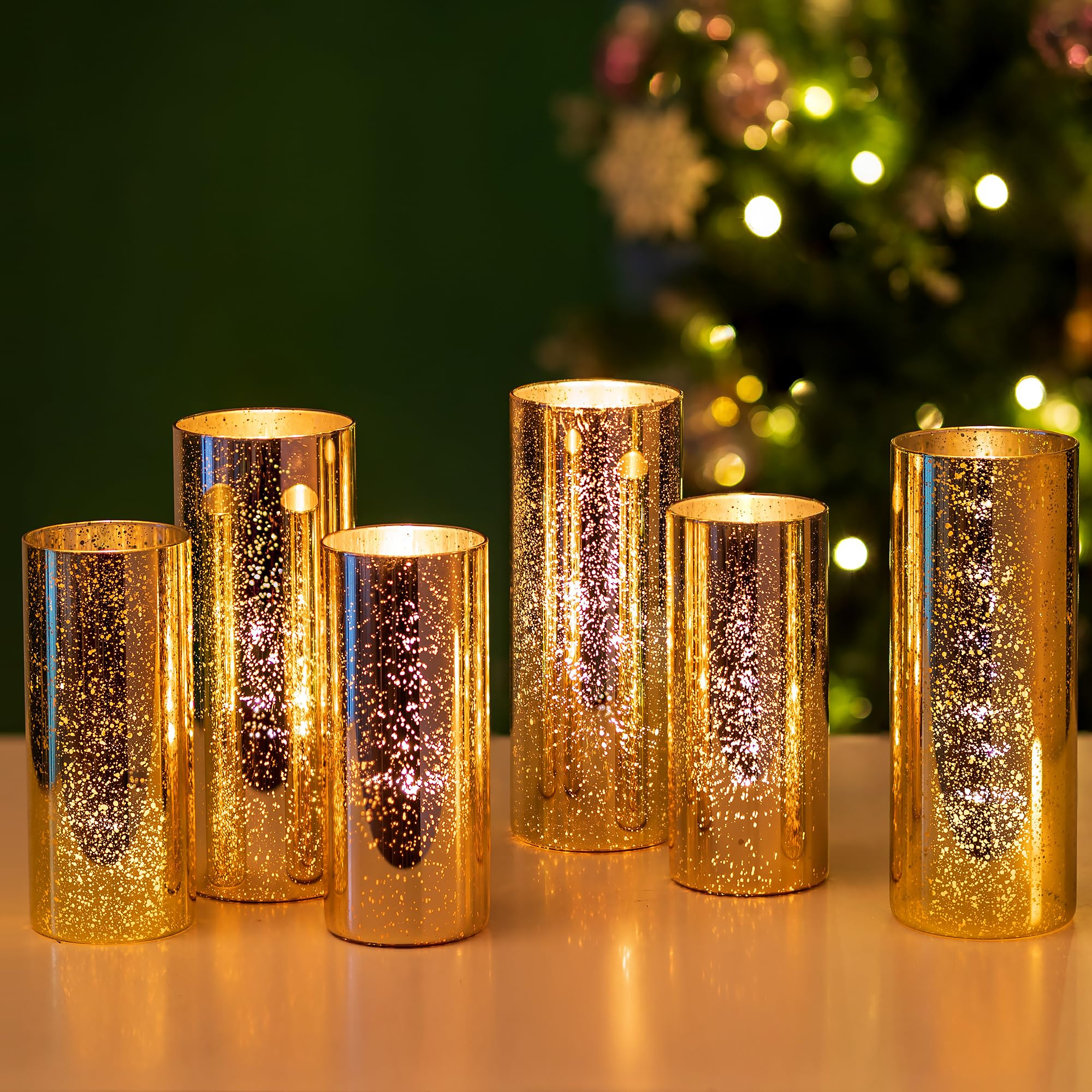 Glasseam Mercury Gold Candle Holders, Set of 6 Glass Hurricane Candle Holder, Glitter Pillar Cand... | Amazon (US)