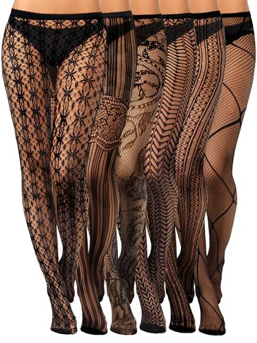 Skylety 6 Pairs Women Fishnet Suspender Pantyhose Thigh High Stocking Spiderweb Patterned Tights for Women Girls Halloween(Elegant,Base Black) | Amazon (US)