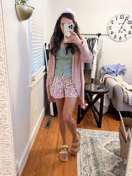 Today’s ootd! Wearing an green Abercrombie vest, pink floral shorts and a pink cardigan.  Summer style for a grocery day! I am about to clean my entire house! Happy Sunday 💕BrandiKimberlyStyle 

#LTKstyletip #LTKshoecrush #LTKSeasonal