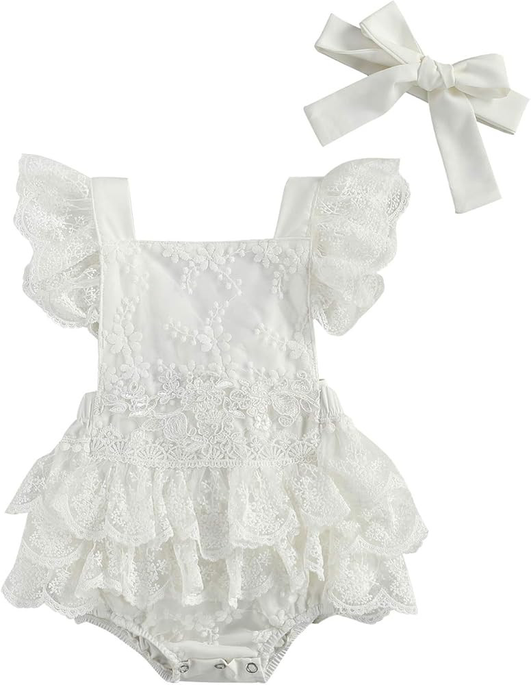 2Pcs Newborn Baby Girl Lace Ruffles Sleeve Bodysuits Backless Jumpsuit Clothes Romper Set | Amazon (US)