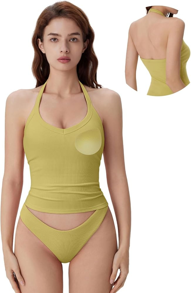 SUUKSESS Halter Tank Top for Women with Built in Bra Cotton Ribbed V Neck Cami | Amazon (US)