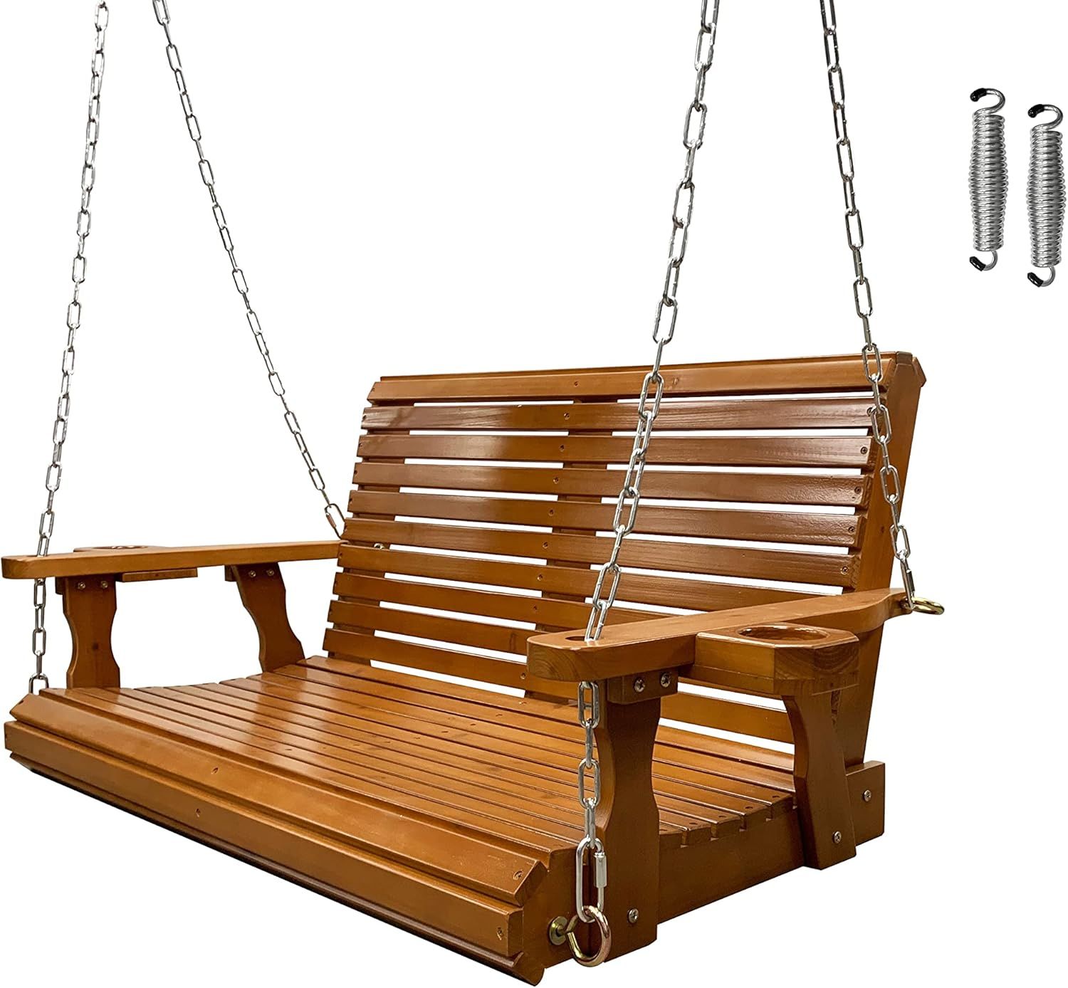 Wooden Porch Swing 2-Seater, Bench Swing with Cupholders, Hanging Chains and 7mm Springs, Heavy D... | Amazon (US)