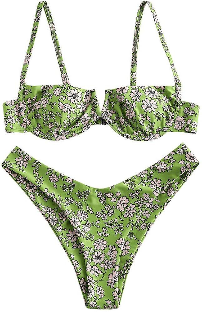 ZAFUL Women’s Floral Print Push-up V-Wire Lettuce Bikini Set High Cut Spaghetti Straps Underwir... | Amazon (US)