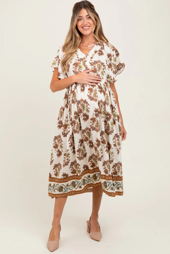 Mocha Floral V-Neck Button Detail Maternity Mid Dress | PinkBlush Maternity