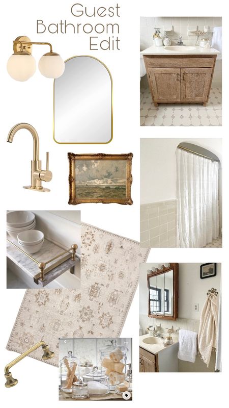 Guest bathroom redesign. Gold faucet, shower curtain bar, vanity light, gold arch mirror

#LTKhome #LTKunder50 #LTKunder100