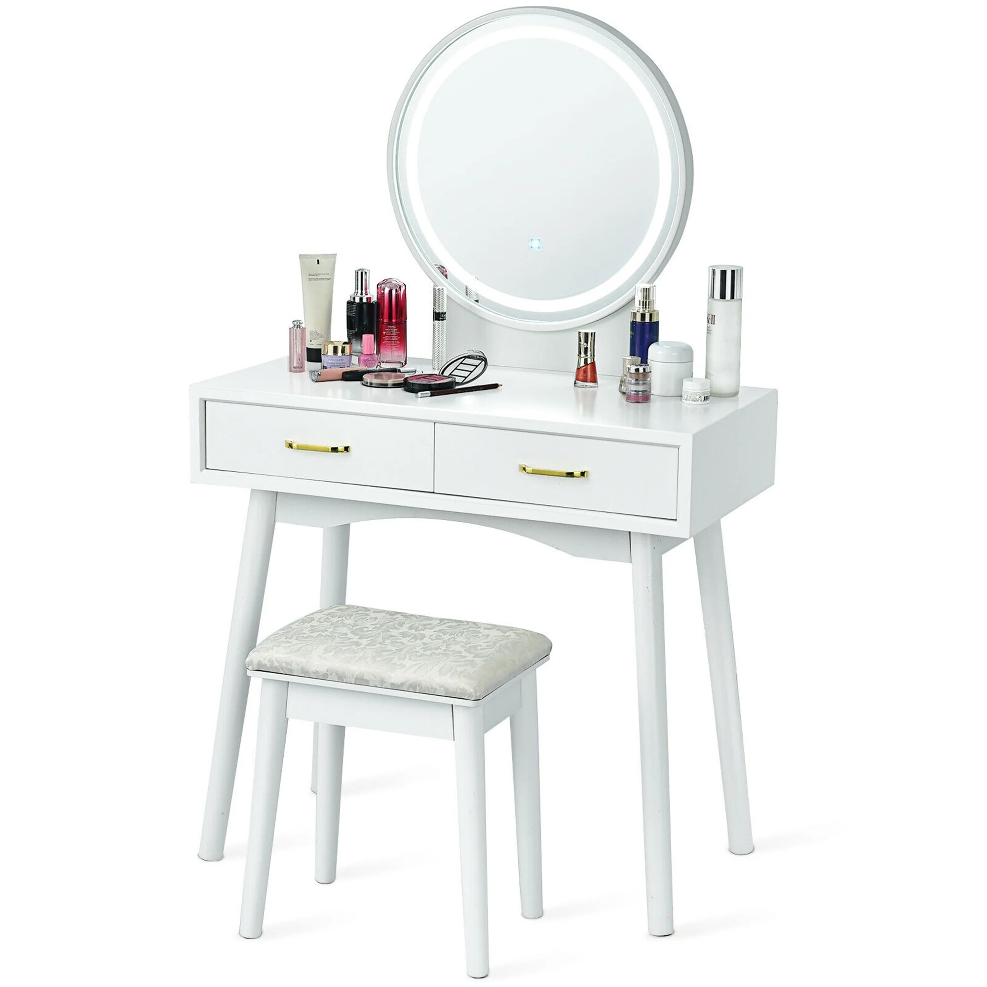 Gymax Vanity Dressing Table Set Touch Screen 3 Lighting Modes Mirror Padded Stool - Walmart.com | Walmart (US)