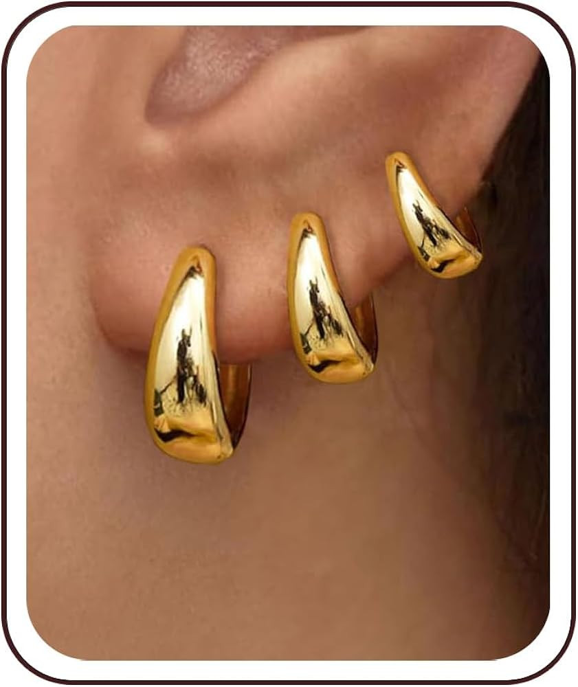 3Pairs Gold Hoop Earrings Set for Women Trendy Chunky Huggie Dainty Earring Jewelry for Women Tee... | Amazon (US)