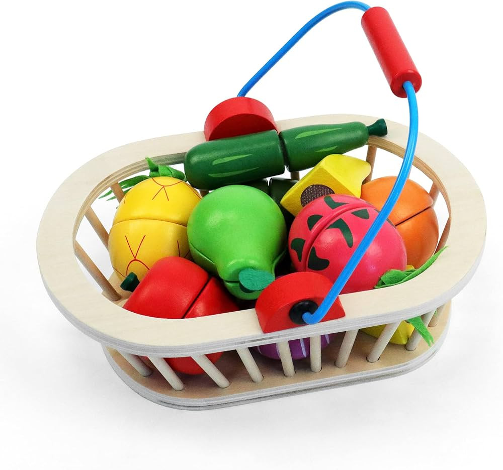 Wooden Cutting Fruit Vegetables Set for Kids - Pretend Play Food Toy Set with Wooden Knife and Tr... | Amazon (US)