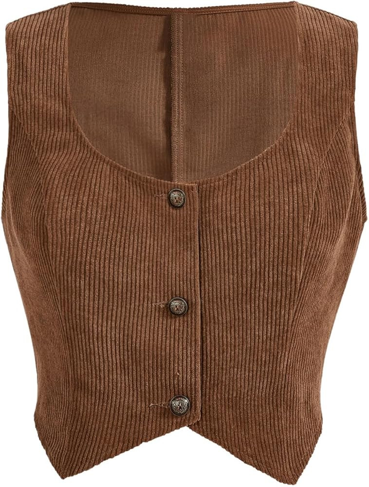 MakeMeChic Women's Corduroy Button Down Suit Vest Sleeveless Scoop Neck Crop Vest Blazer Jacket | Amazon (US)