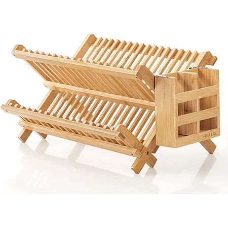 HBlife Dish Rack, Bamboo Folding 2-Tier Collapsible Drainer Dish Drying Rack with Utensils Flatware Holder Set (Dish Rack with Utensil Holder) | Walmart (US)