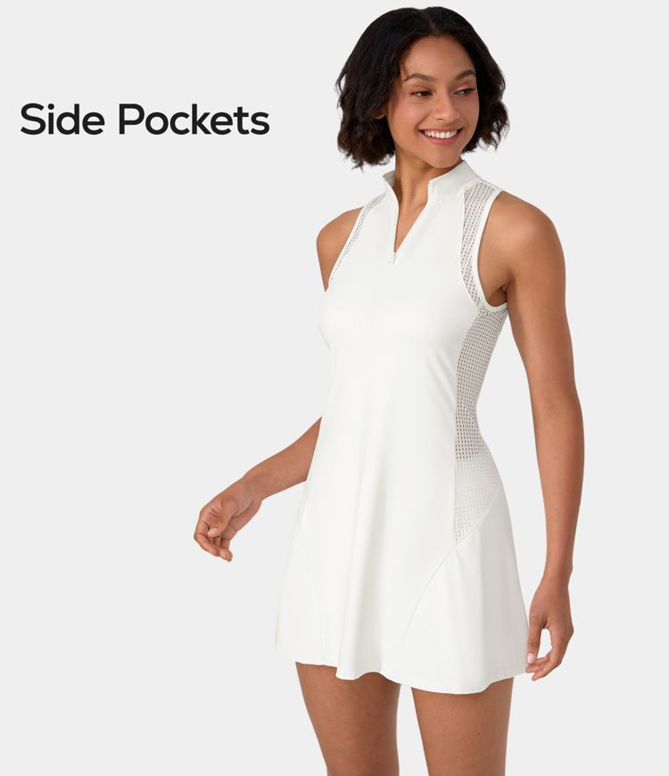 Women's Half Zip Contrast Mesh Side Pocket 2-Piece Tennis Dress - HALARA | HALARA