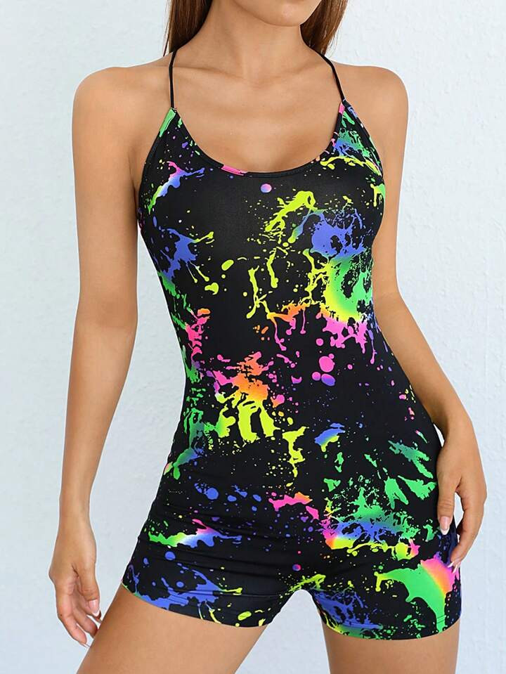 SHEIN Coolane Splash Ink Print Crisscross Backless Cami Unitard Romper | SHEIN